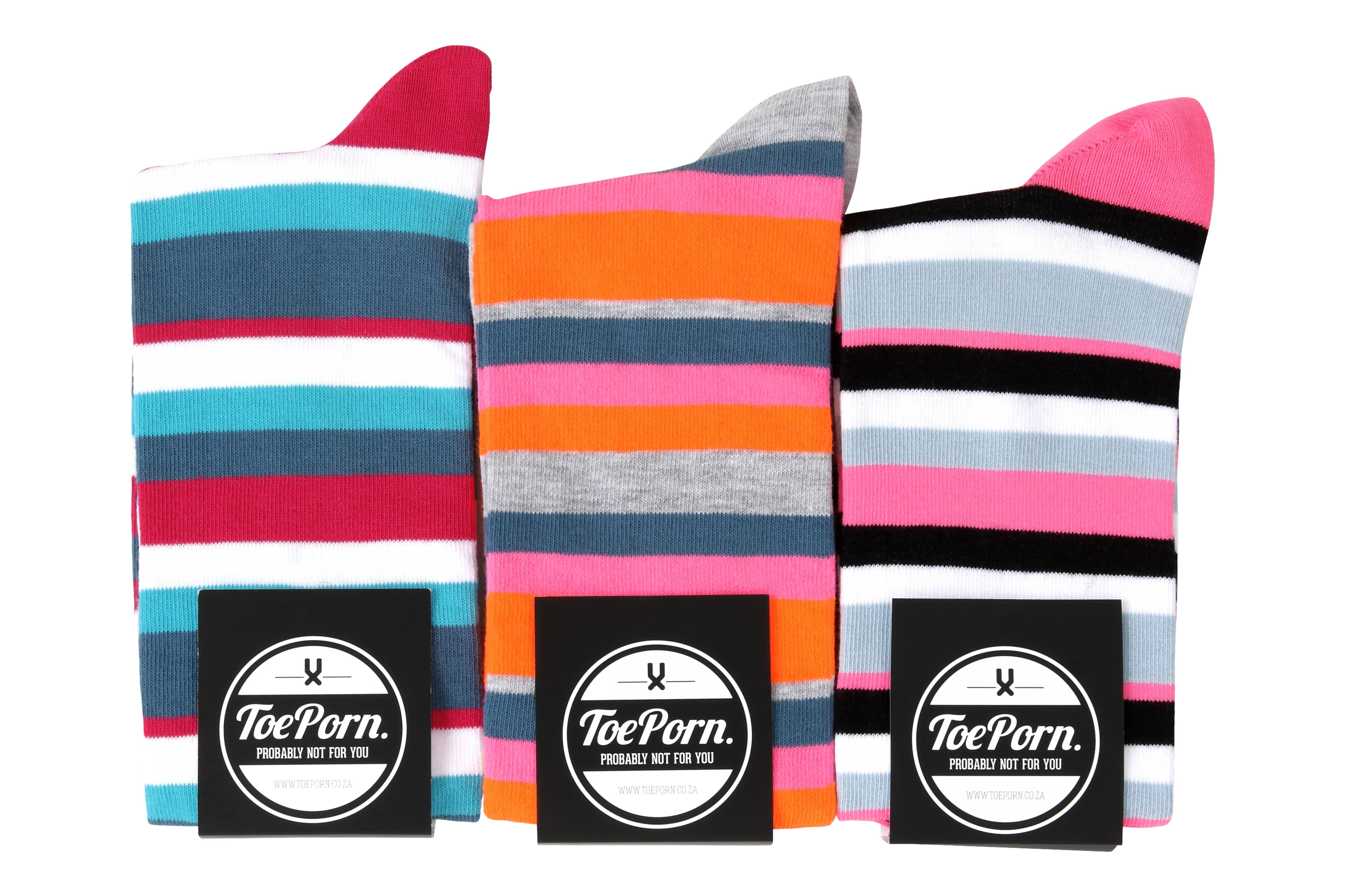 Ricky Stripe knee hi ToePorn socks, available in Pink, Light Grey Melange and Black, R90 each