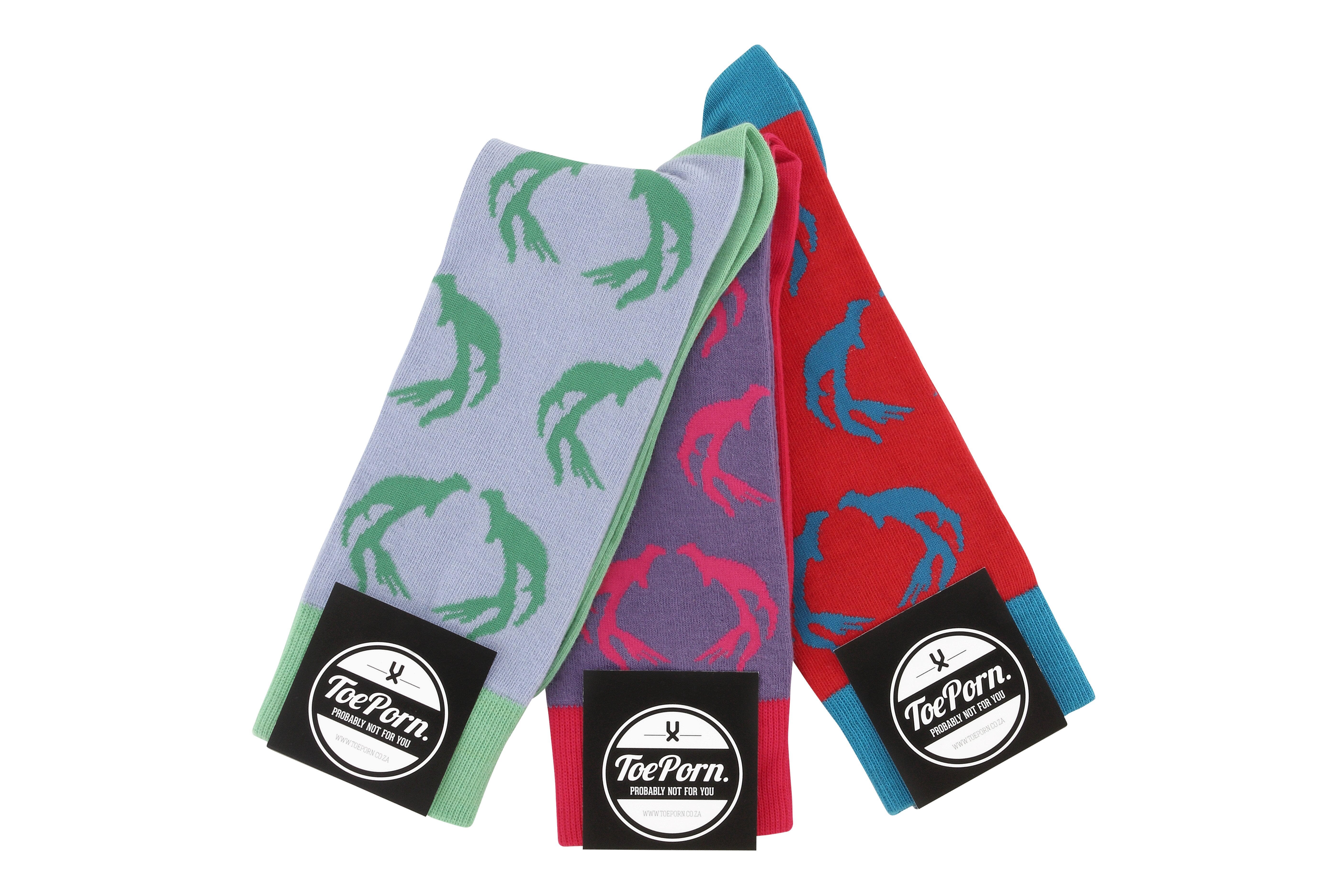 Savannah Horn ToePorn socks available in Dust Blue, Purple and Red, R90 each